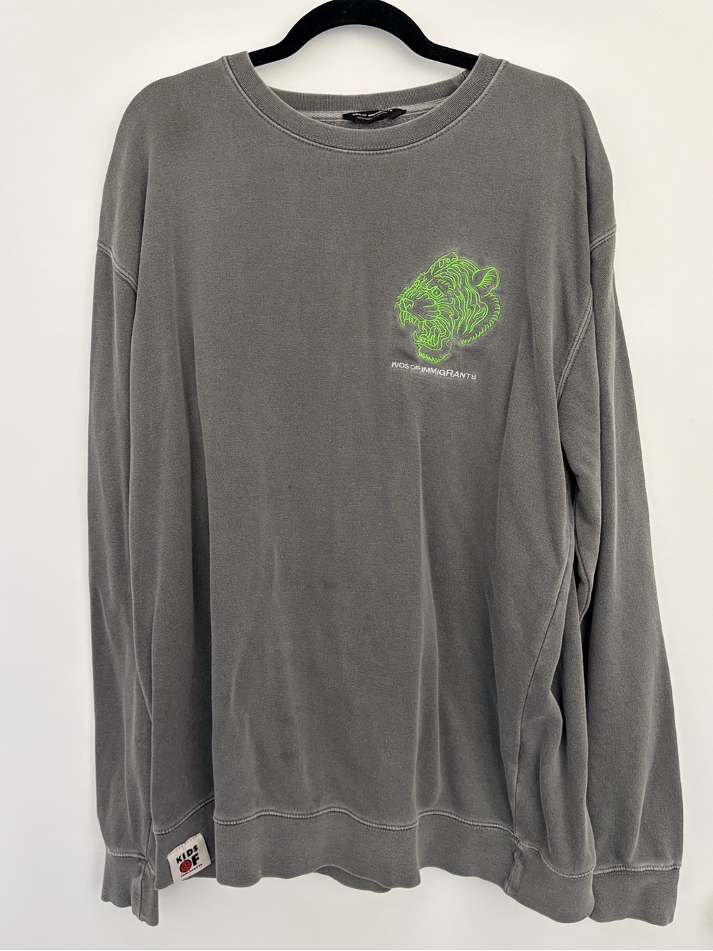 Kids of Immigrants KOI Gray Sweatshirt with Neon Green Tiger Graphic